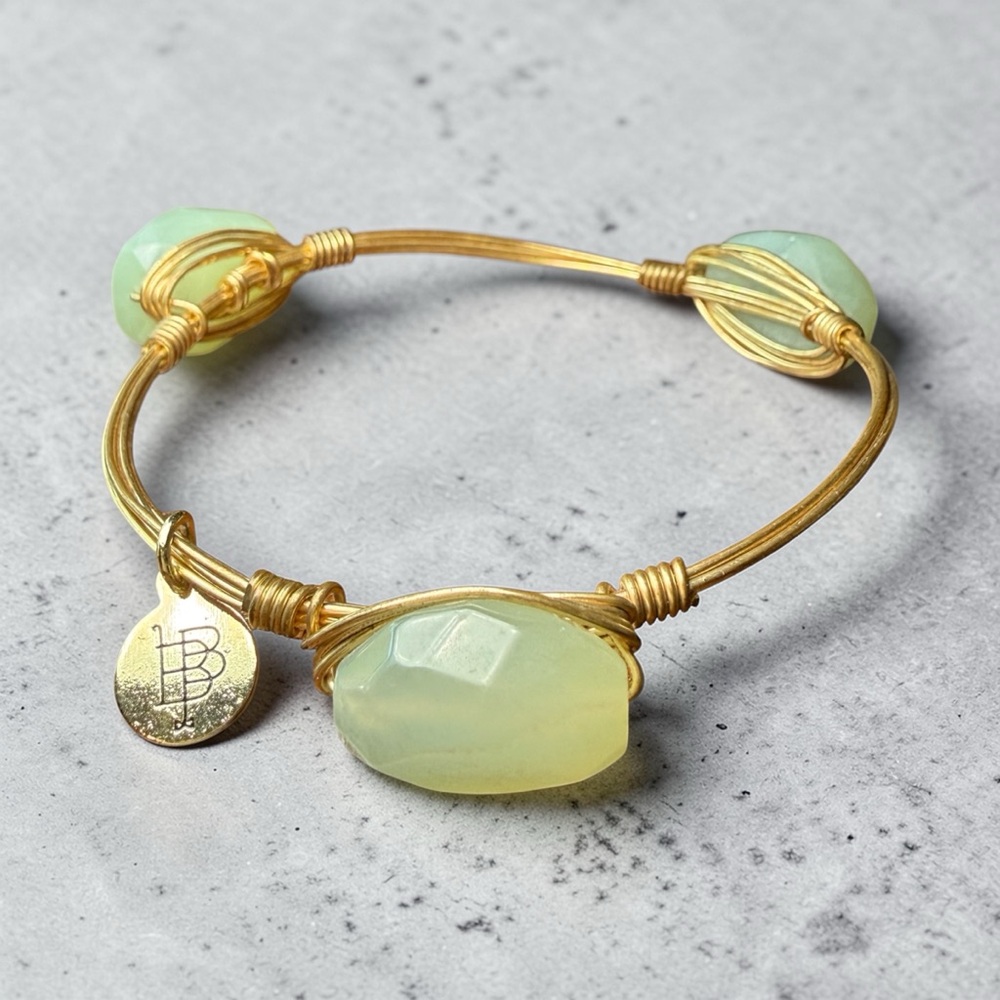 Bourbon and Boweties Mint Green Gemstone Gold Wire Wrapped‎ Bangle Bracelet Boho